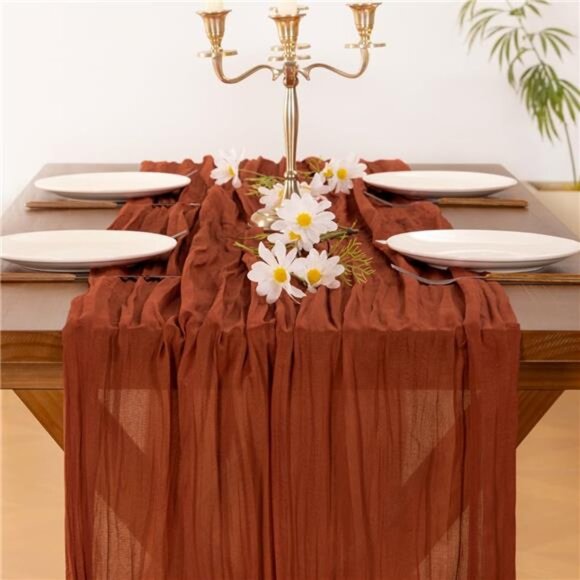 Thanksgiving Fall Table Runner Terracotta Cheesecloth Gauze Burnt Orange Boho - Picture 5 of 7